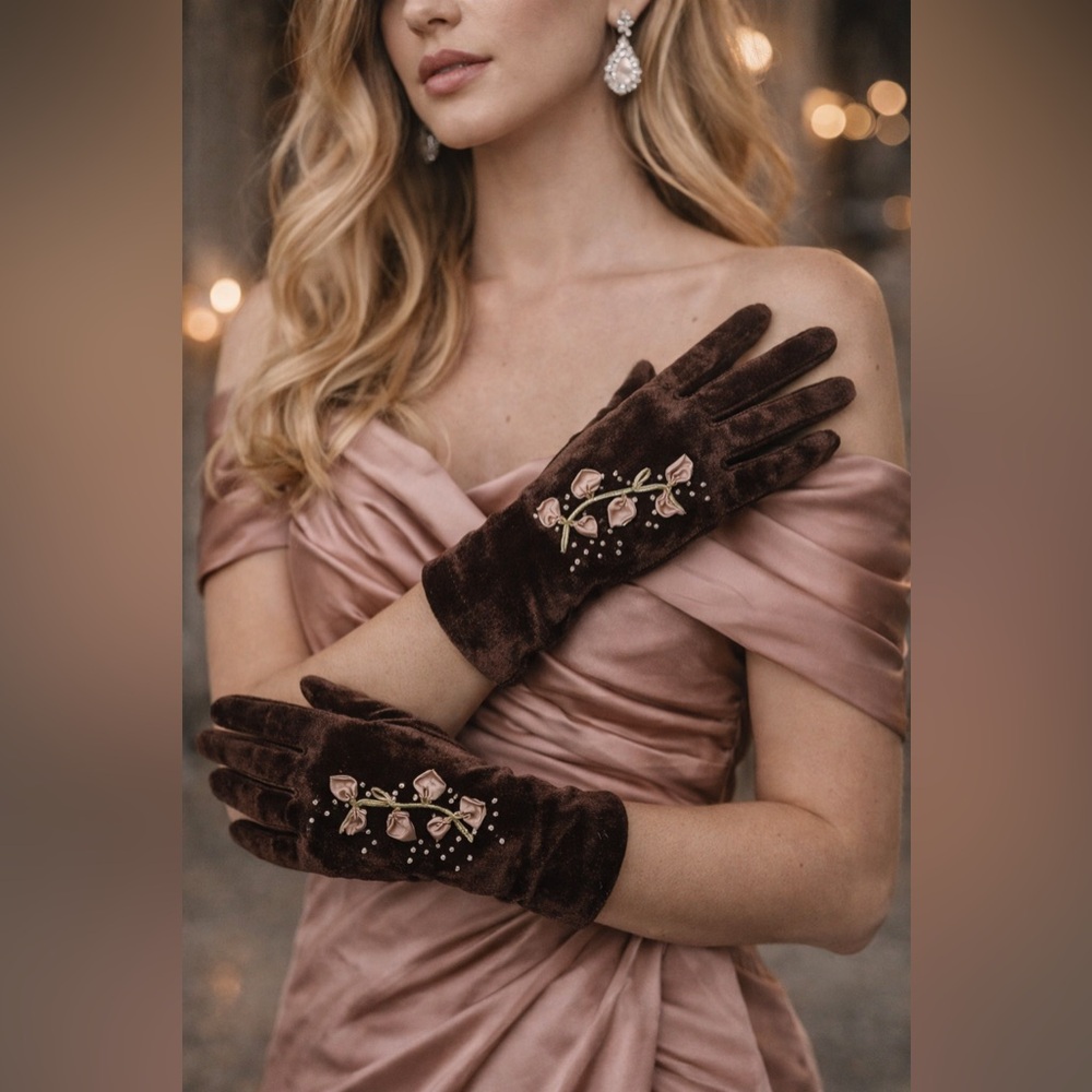 Vintage Style Brown Velvet Evening Gloves Floral Embroidered Beaded - Picture 2 of 7